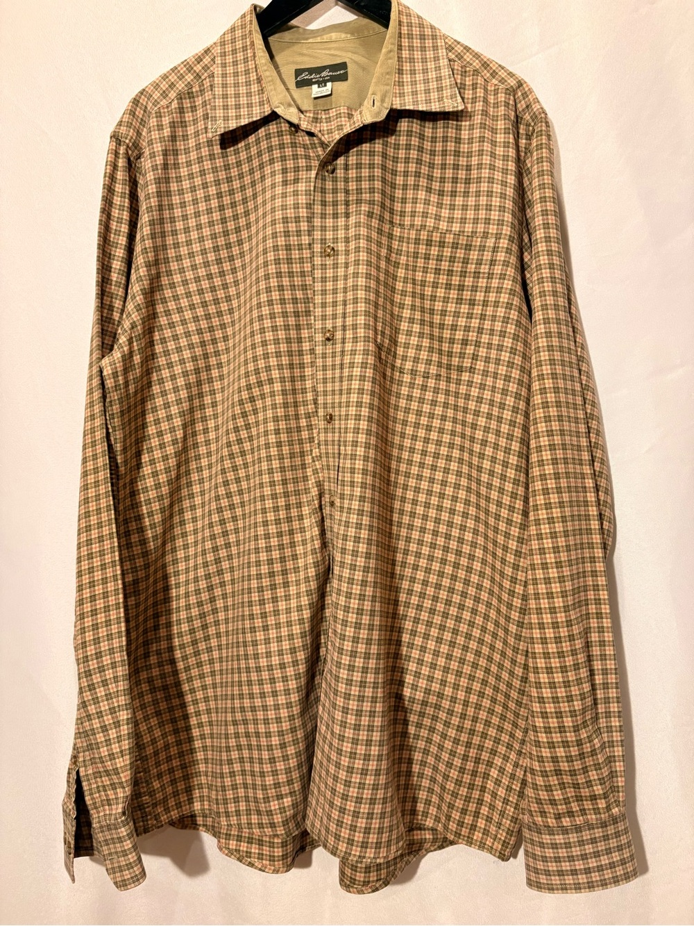 Eddie Bauer Men's Long-Sleeve Plaid Button-Down Shirt in Brown and Green